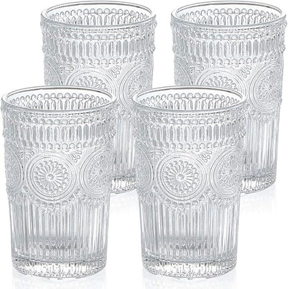 MDLUU Embossed Water Glasses, Romantic Glassware, Vintage Drinking Glasses, Glass Tumblers for Juice, Beverages, Cocktail, Capacity 12.5oz/370ml, Set of 4