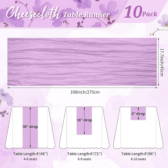 Pesonlook Cheesecloth Table Runner Light Purple, 10 Pack 17.7x108 inch - Image 2