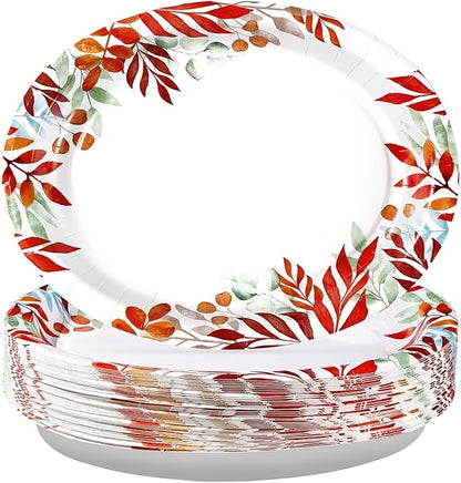 Grencian 50Pcs Fall Oval Paper Plates 10" x 12" Large Disposable Heavy Duty Fall Maple Leaves Paper Plates Autumn Leaves Seasonal Party Decorations for Thanksgiving Holiday Party Supplies