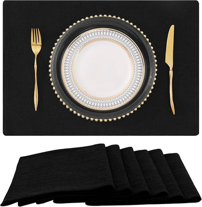homing Cotton Linen Placemats Set of 6, Cloth Washable Farmhouse Dining Table Mats for Indoors & Outdoors, Easy to Clean, Black, 13 x 19 Inch