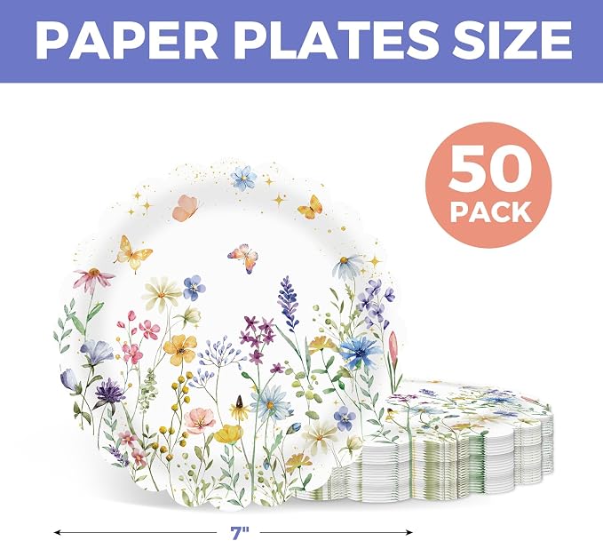 50Pcs Wildflower Scalloped Paper Plates 7inch Spring Party Dessert Plates - Image 3