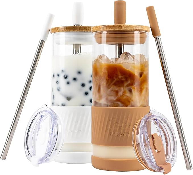 Pandaloo® Glass Cups With Lids and Straws -20 Fl Oz- Perfect Size Iced Coffee by Pandaloo