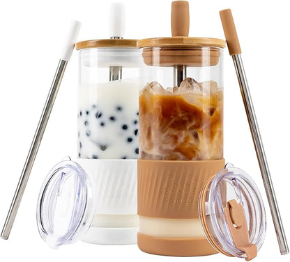 Pandaloo® Glass Cups With Lids and Straws -20 Fl Oz- Perfect Size Iced Coffee by Pandaloo
