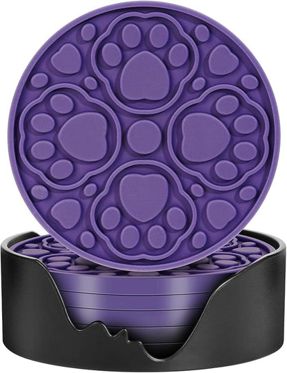 6 Pack Purple Silicone Coffee Coasters with Holder, 4 Inches Non-Slip Decorative Round Coaster for Tabletop, Desk Dishwasher Safe Cup Mat for Bar, Drinks, Beer