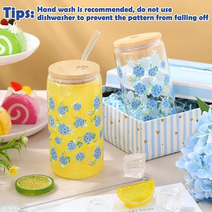 Sliner 2 Pcs Hydrangea Glass Cups Floral Gifts Flower Drinking Glasses 16 oz - Image 2