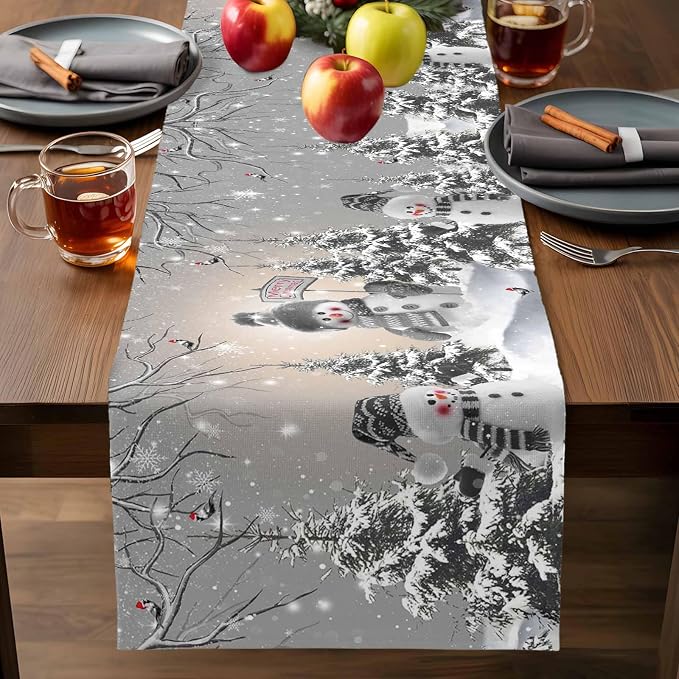 Christmas Snowman Table Runners 90 Inches Long, Cotton Linen Fabric Snowflake - Image 7