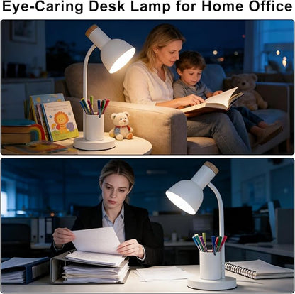 WLHONG LED Desk Lamp, Table Lamps with Pen Holder, 3 Color Modes Eye-Caring Reading Light with Flexible Gooseneck, Study Lamp for Kids Bedside Home Office Room College Dorm Essentials (White)