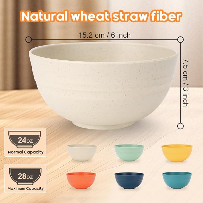 12 PCS Unbreakable Cereal Bowls Set, 26 Oz Wheat Straw Bowl Sets, Microwave & - Image 2