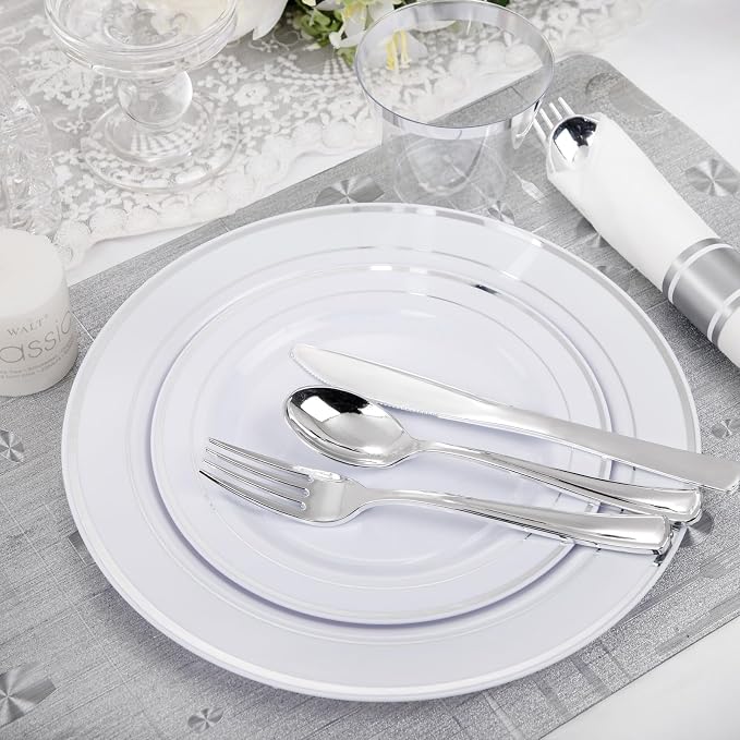 WELLIFE 210 Piece Silver Plastic Dinnerware Set - Image 7