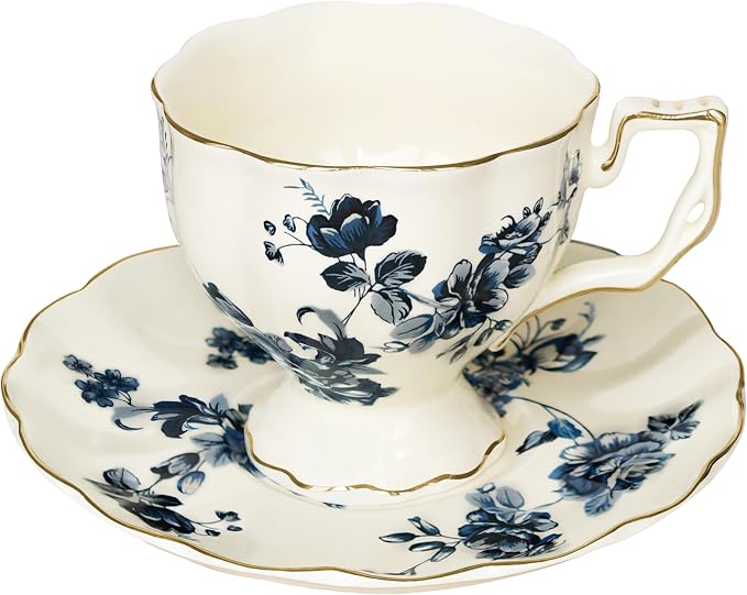 Tea Cups and Saucers Set, Porcelain Coffee Mugs, 8.4 OZ Vintage Coffee Cups by JUSONEY