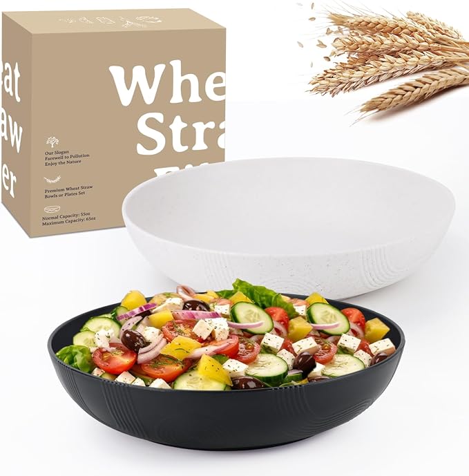 Wheat Straw Salad Bowls, 65oz Unbreakable Wide and Shallow Dinner Bowls Set of 2 by WROVA