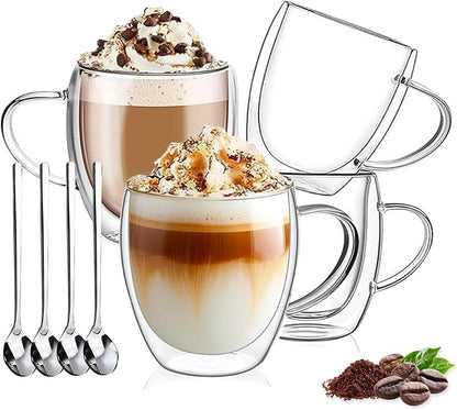 DINGPAI 4 Pack Double Wall Glass Coffee Mugs, 8oz Borosilicate Glass Mug | by DINGPAI