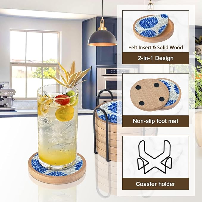 Wood Coasters Set of 6 with Holder, Cewiru Cup Mat - Image 5