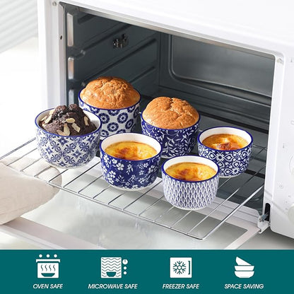 vancasso Selene 6 oz Ceramic Ramekins Set of 6, Microwave & Dishwasher Safe Souffle Cups for Baking, Dip & Sauce, Desserts, Handcrafted Blue Floral Bowls
