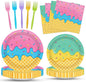 100 Pcs Ice Cream Cone Party Supplies Set, Serves 25 – Disposable Paper Plates by Merriva