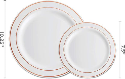 Munfix 100 Rose Gold Rim Plastic Plates Set, 50 Pcs 10 Inch Dinner and 50 Pcs 7 Inch Plastic Dessert Plates, Elegant Fancy Heavy Duty Disposable Plates for Party, Wedding, White Rose Gold Rim