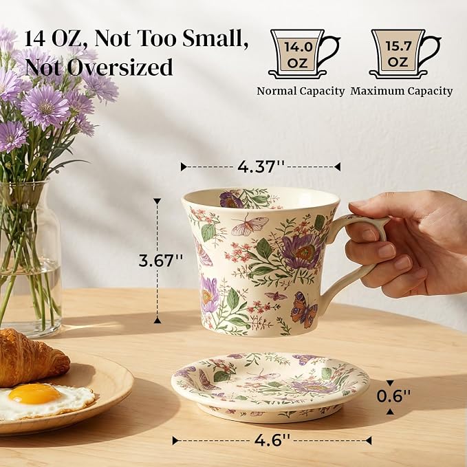 DOWAN 14 oz Coffee Mug and Saucer Set, Ceramic Mug - Image 5
