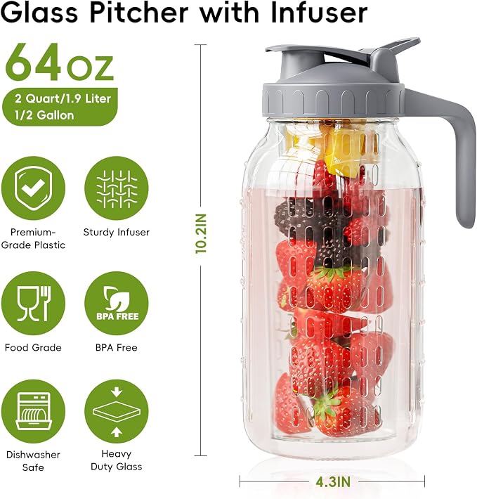 Glass Mason Jar Pitcher, 64 oz Wide Mouth Jug | Dual leak-proof lid - Image 2