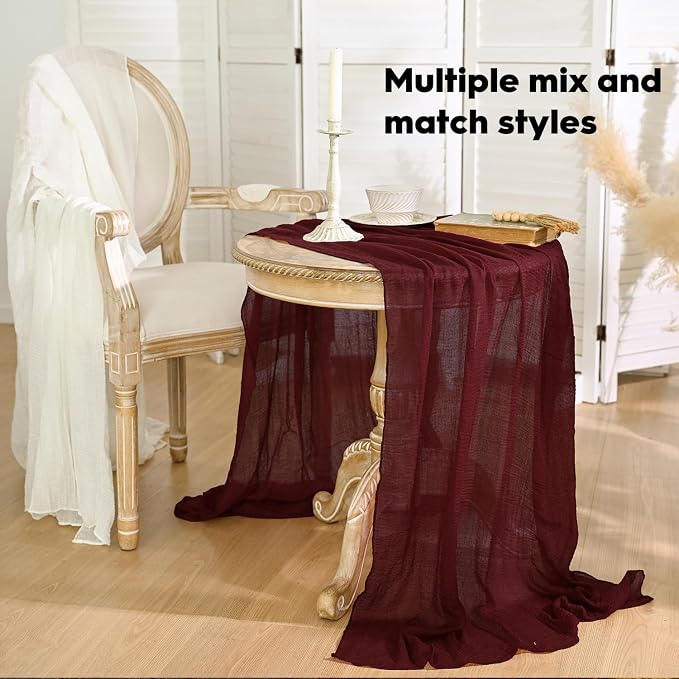 Artoid Mode Boho Cheesecloth Gauze Burgundy Wedding Table Runner, 160 Inch - Image 4