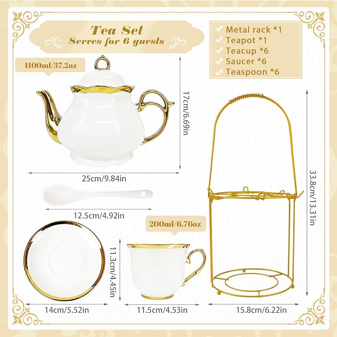 20 Pcs Porcelain Tea Set with Metal Holder, Adult Tea Set Gift, Large European - Image 3