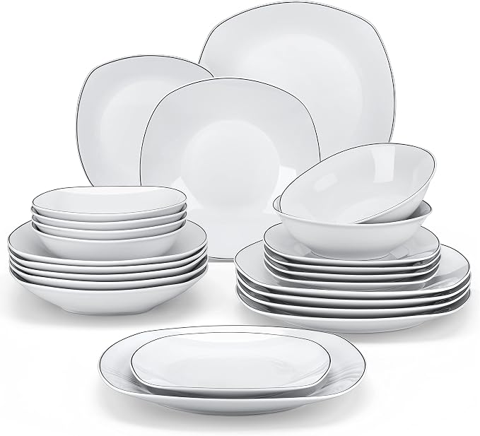 MALACASA Dinnerware Sets, 24 Piece Porcelain Square Dishes, Ceramic Dish Set by MALACASA