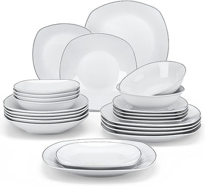 MALACASA Dinnerware Sets, 24 Piece Porcelain Square Dishes, Ceramic Dish Set by MALACASA