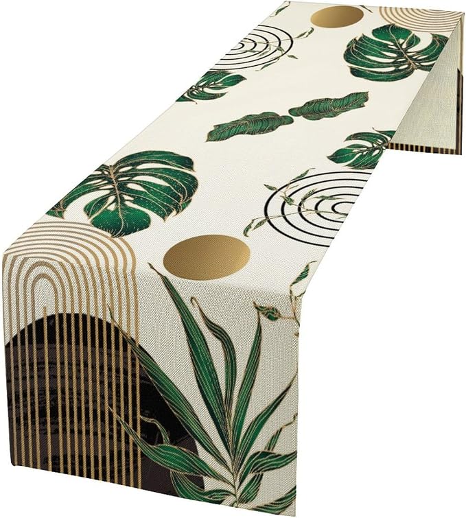 Abstract Emerald Green Table Runner Retro Boho Tropical Leaves Sun Geometric by moderw
