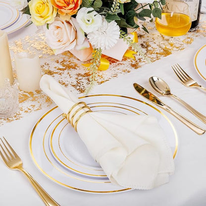 I00000 60 Pieces Gold Plastic Plates, Heavy Duty White and Gold Plastic Plates for 30 Guests Include: 30 Gold Rim Dinner Plates and 30 Gold Dessert Plates Perfect for Wedding & Party