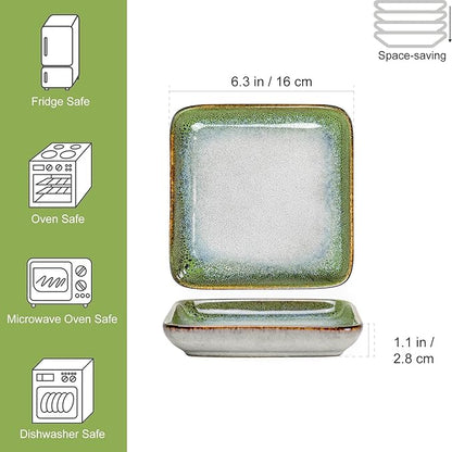 HENXFEN LEAD Small Square Ceramic Plates 6.3 Inch – Dessert, Appetizer & Snack Plates Microwave & Dishwasher Safe – Set of 4, Reactive Glaze Green