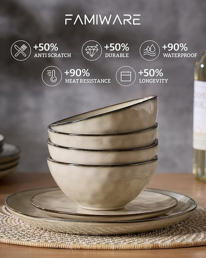 Famiware Dinnerware Sets for 4, Ocean Round 12-Piece Kitchen Plates and Bowls Sets, Microwave and Dishwasher Safe, Scratch Resistant, Light khaki