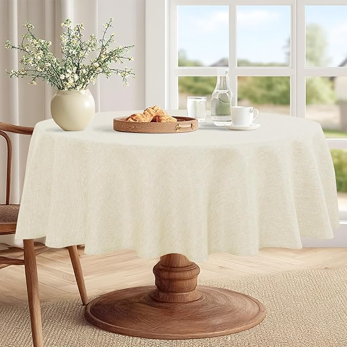 JIUZHEN Faux Linen Round Tablecloths 102 inch, Decorative Wrinkle Free Texture Rustic Circle Table Cloth Cover for Kitchen, Dining, Party, Wedding, Outdoor Use (102 Inch Round,Champagne)