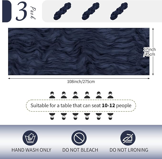 3 Pack Navy Blue Cheesecloth Table Runner 17x108 Inch Semi Sheer Boho Gauze - Image 2