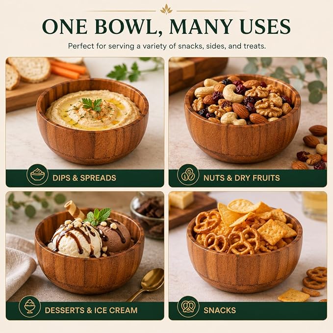 Acacia Wood Round Serving Bowls Set of 4 U Shape Handmade 4.75 Inch Medium Size - Image 4