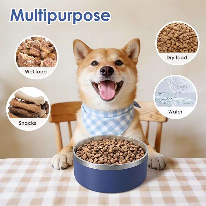 IKITCHEN Dog Bowl for Food and Water, 40 Oz Stainless Steel Pet Feeding Bowl, Durable Non-Skid Double Wall Insulated Heavy Duty with Rubber Bottom for Medium Large Sized Dogs (40 Ounces/5 Cup, Blue)