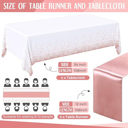 Breling 8 Pack White and Rose Gold Disposable Plastic Tablecloths and Satin Table Runner Set, 54 x 108 Inch Tablecloth, 12 x 108 Inch Table Runners for Wedding Graduation Birthday Baby Shower New Year