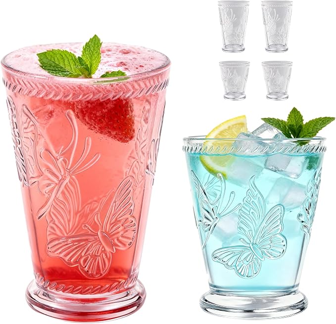 4 Pack Embossed Vintage Mixed Drinking Glasses, 12 Oz & 9 Oz Glasses | Embossed by Unknown