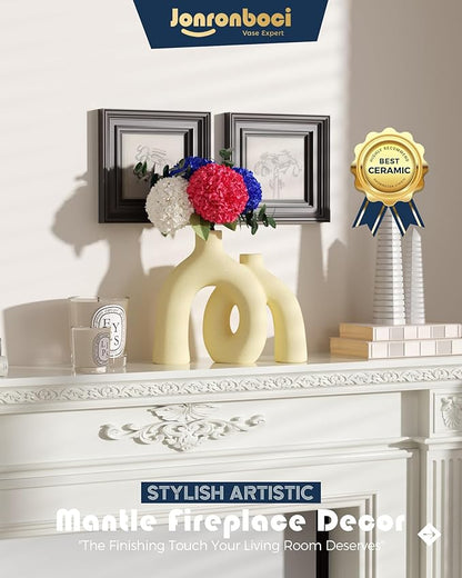 Hug Donut Decorative Vase Set - Beige Vase, Modern Nordic Boho Style Vases Home Decor, Matte Ceramic Decorations for Living Room Shelf, Bookshelf Mantle Entryway Table or Console Décor (Beige)