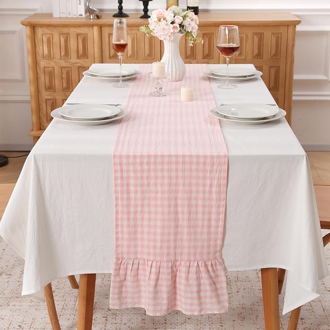 Blush White Plaid Gingham Ruffle Table Runner 120 inches Long 100% Washed by KMASANIJI