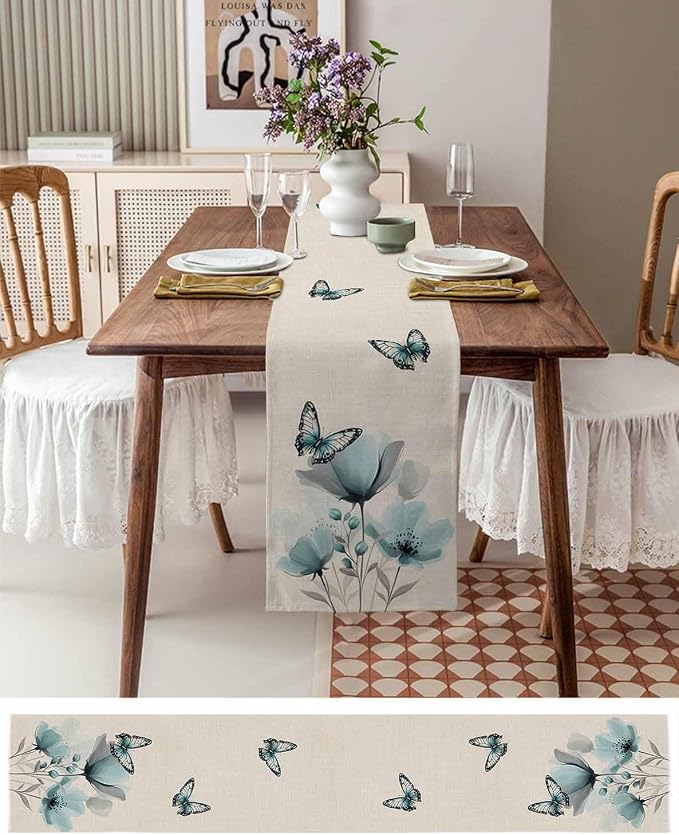Turquoise Floral Table Runners 36 Inches Long, Spring Flowers Butterfly Table - Image 6