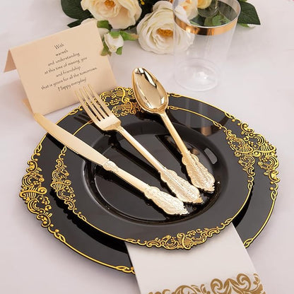 Hioasis 350pcs Black and Gold Plates - Black Party Plates for 50 Guest, Include 100 Heavy-duty Plates(20% Thicker Than Standard), 50 Pre Rolled Gold Plastic Silverware Set, 50 Cups