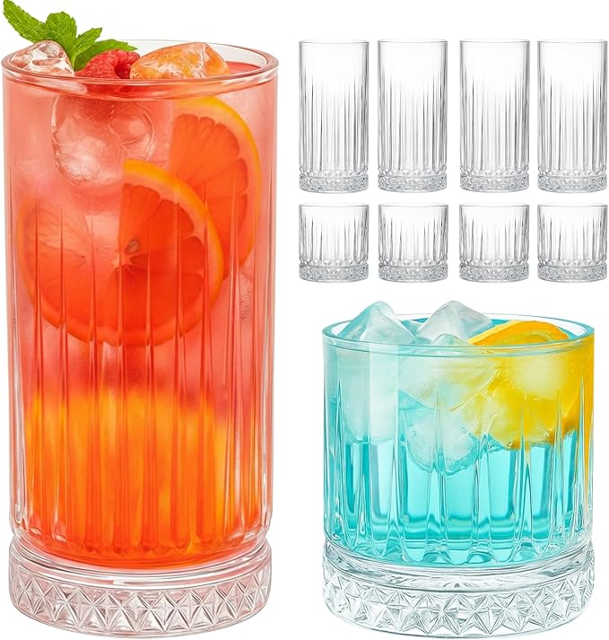 Ruckae Drinking Glasses Set of 8, 15 oz and 7 oz Kitchen Water Glass Cups Set by RUCKAE