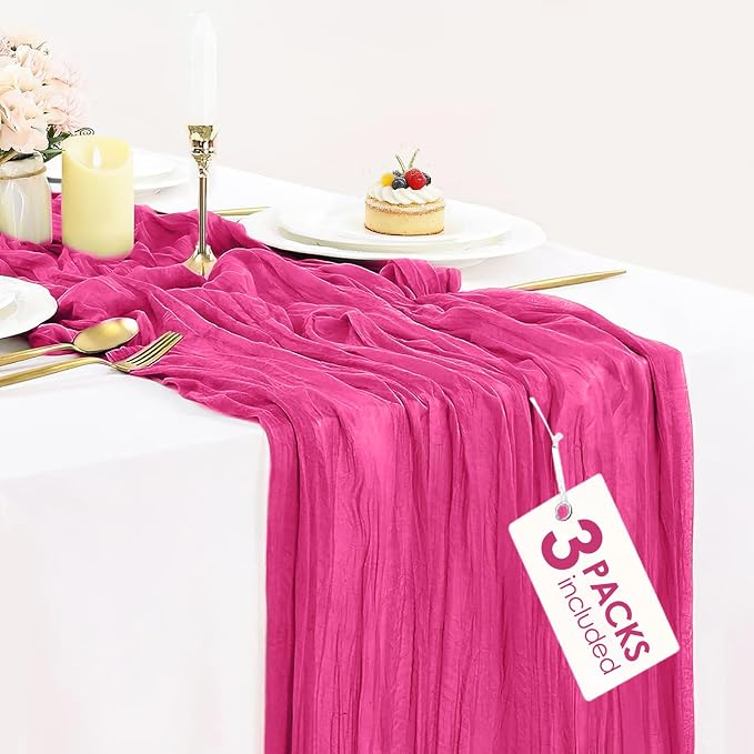 3 Pack Hot Pink Cheesecloth Table Runner 35x120inch, Semi Sheer Fuschia Cheese by BlueTopCoLtd