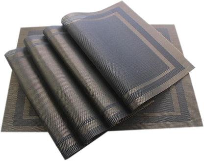 Placemats for Kitchen Woven Vinyl Table Placemat Heat-resistand Table Plastic Mats Set of 4 (Gold+Black)