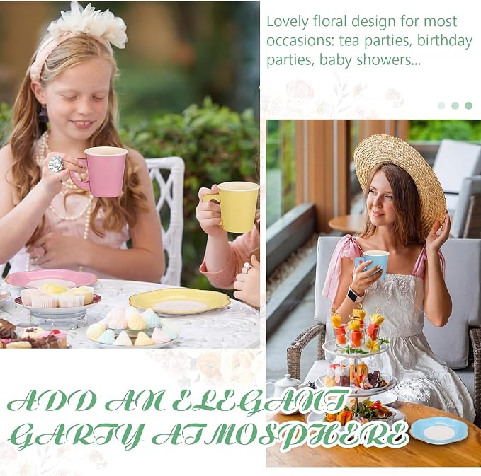 Umigy 60 Sets Pastel Tea Party Decorations 6.5 oz Paper Teacups & Saucer Set - Image 6