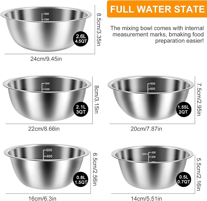 5 Pack Stainless Steel Bowls, Mixing Bowls Set with Scale Marks, 5 Different Size (4.5, 3,2,1.5,0.7QT) Nesting Baking Salad Bowls for Kitchen Cooking Baking(5)