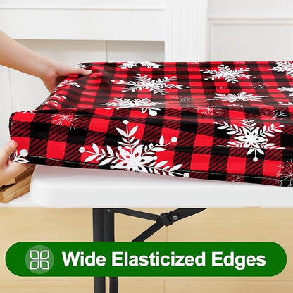 Smiry Plastic Christmas Tablecloth, Buffalo Plaid Waterproof Elastic Fitted Table Covers, Wipeable Flannel Backed Vinyl Tablecloths for Dinner, and New Year Celebration (Black & Red, 30x72 Inches)