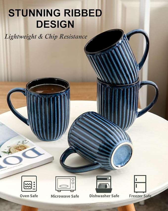 HASENSE 16 oz Ceramic Coffee Mugs Set of 4, Ribbed Navy Blue Coffee & Tea Cups - Image 5