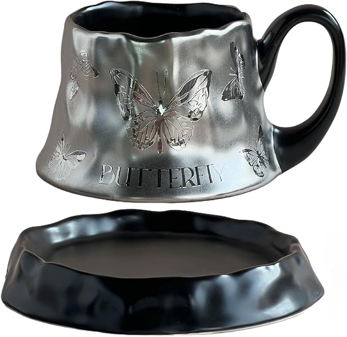 Volcanic Ash Titanium Finish Coffee Mug and Saucer Set | Modern Sculptural by Unknown