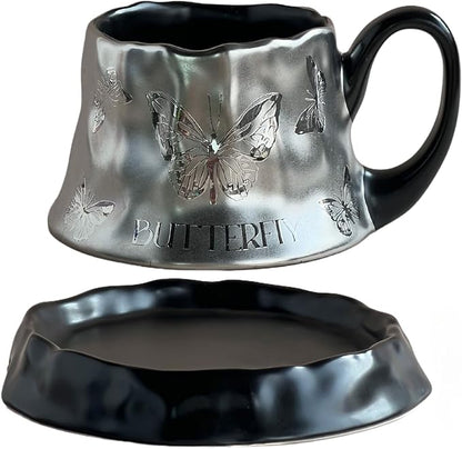 Volcanic Ash Titanium Finish Coffee Mug and Saucer Set | Modern Sculptural by Unknown