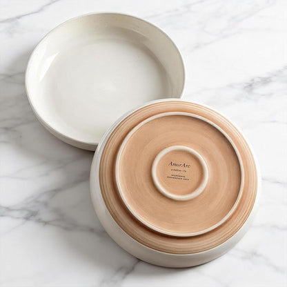 AmorArc 8.75'' Large Ceramic Pasta Bowls, 36oz Handpainted Stoneware Bowls Set of 4, Microwave&Dishwasher Safe Bowls with Wavy Rim&Rustic Terracotta Underside for Pasta Salad, Light Beige
